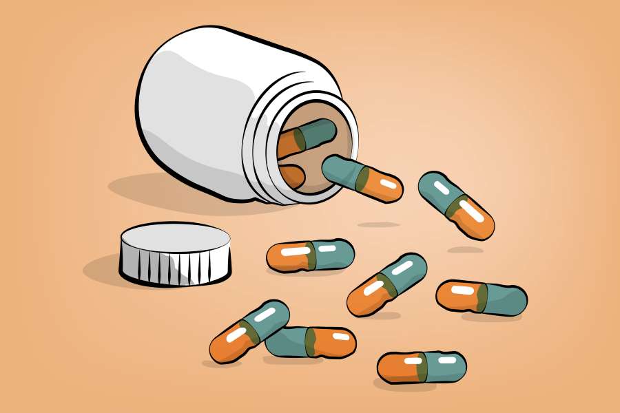 Ilustração artística de frasco de remédio tombado com pílulas saindo para fora